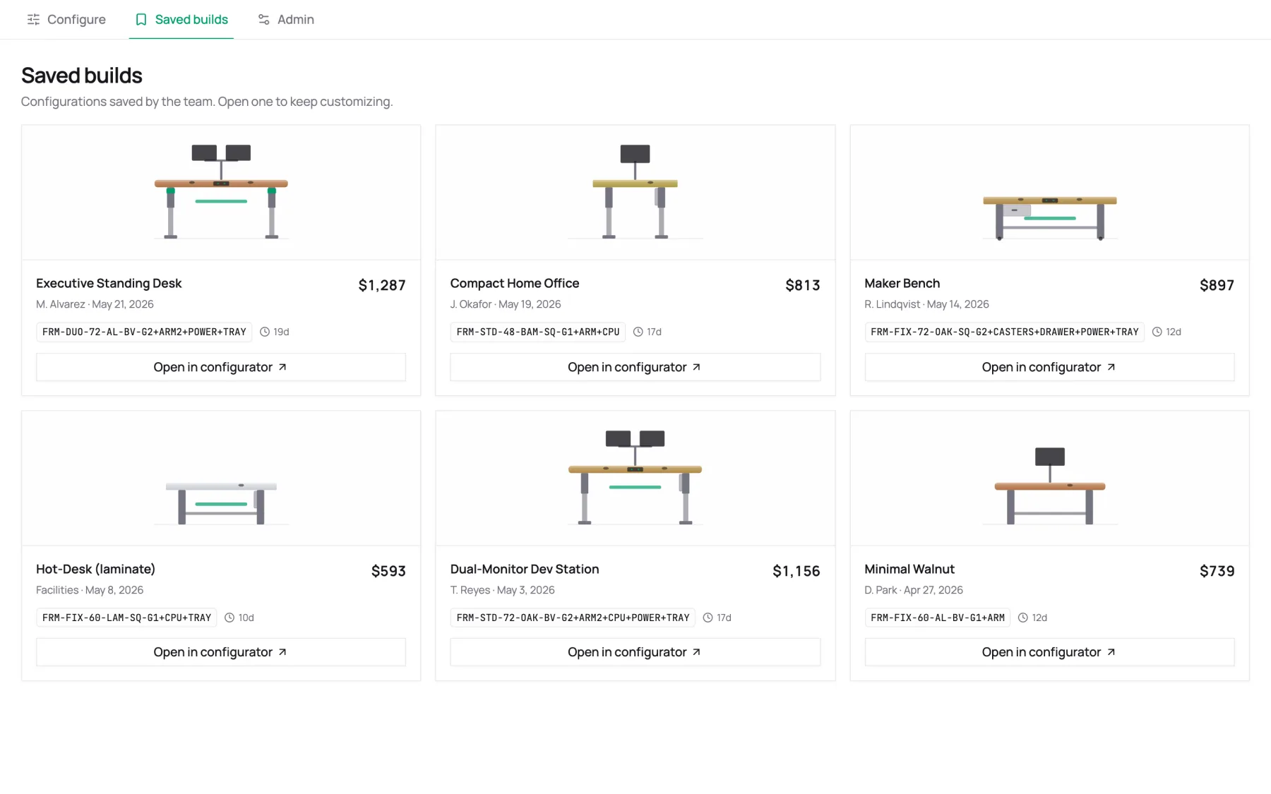 Saved configurations gallery
