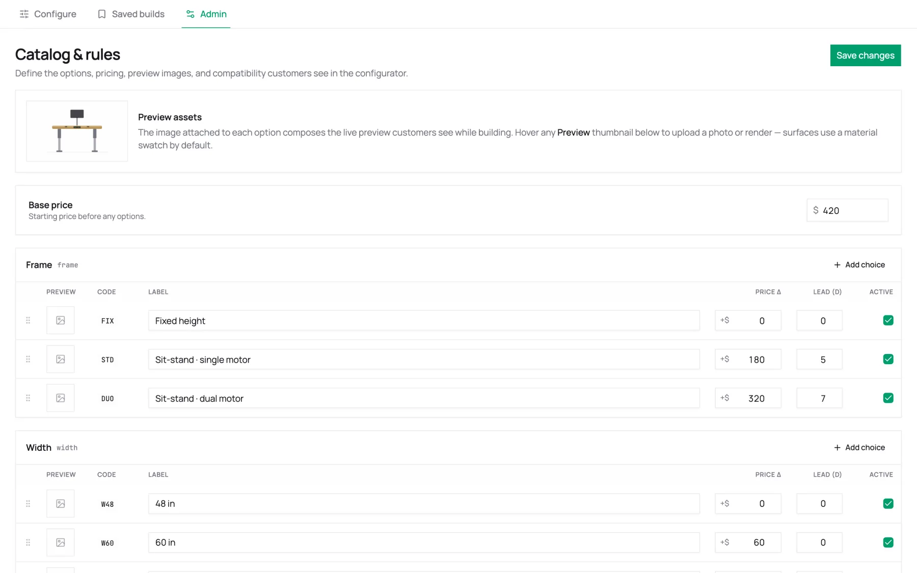 Product configurator admin rules engine