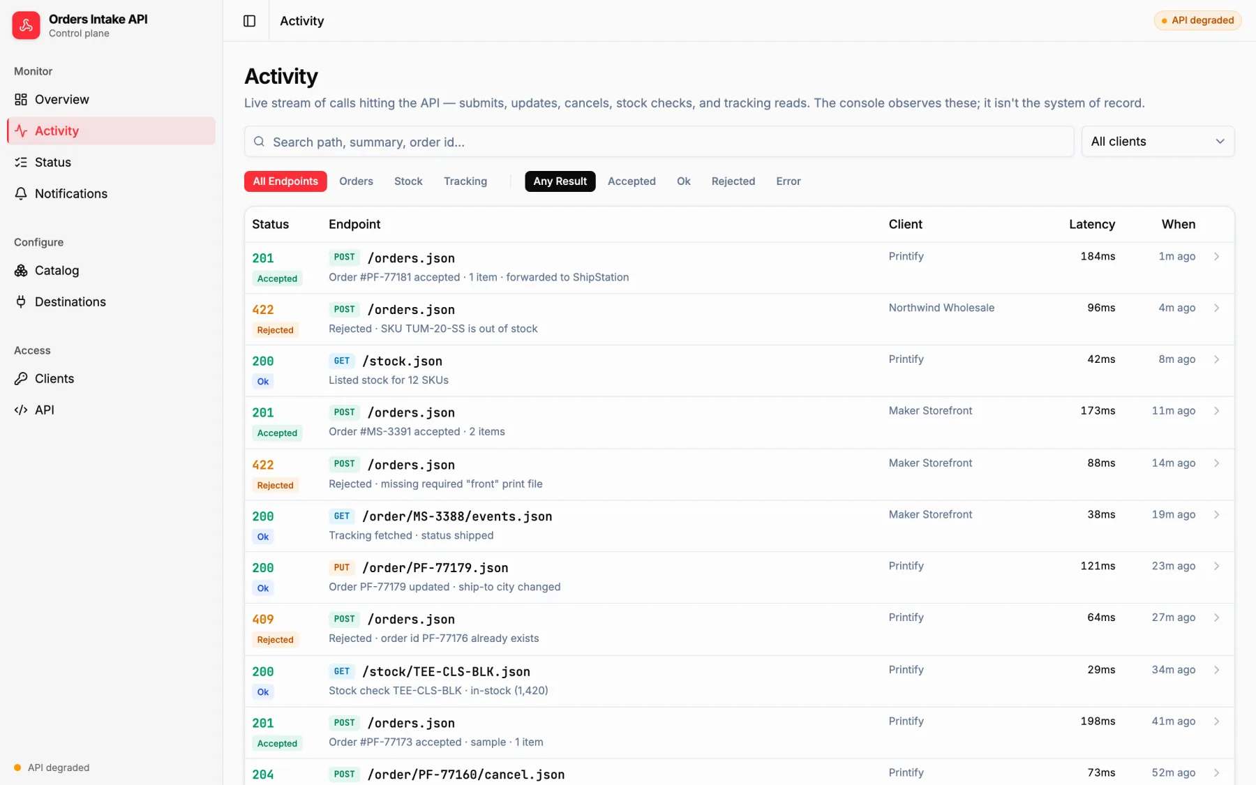 Live order API request activity log