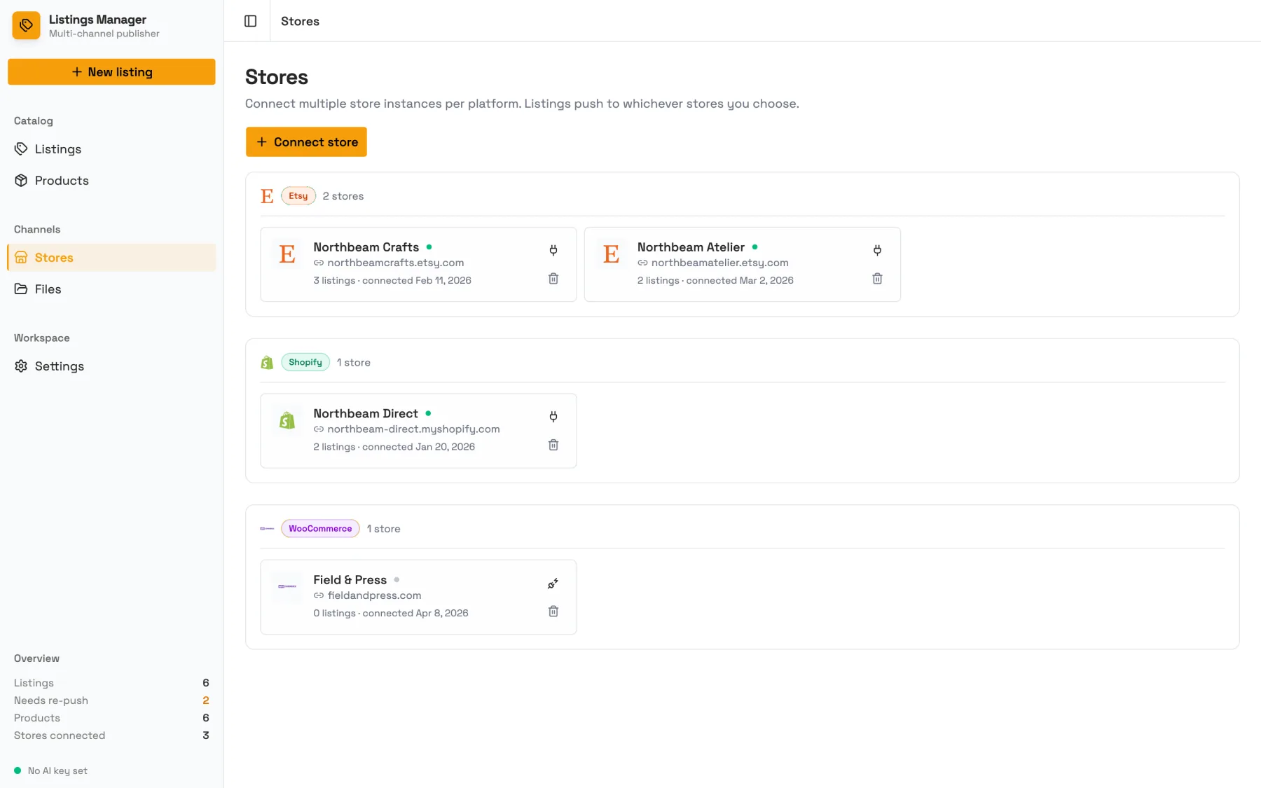 Connected Etsy, Shopify and WooCommerce stores