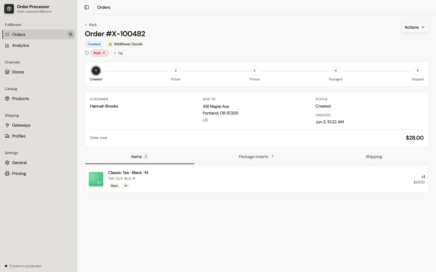 Order detail page with shipping timeline