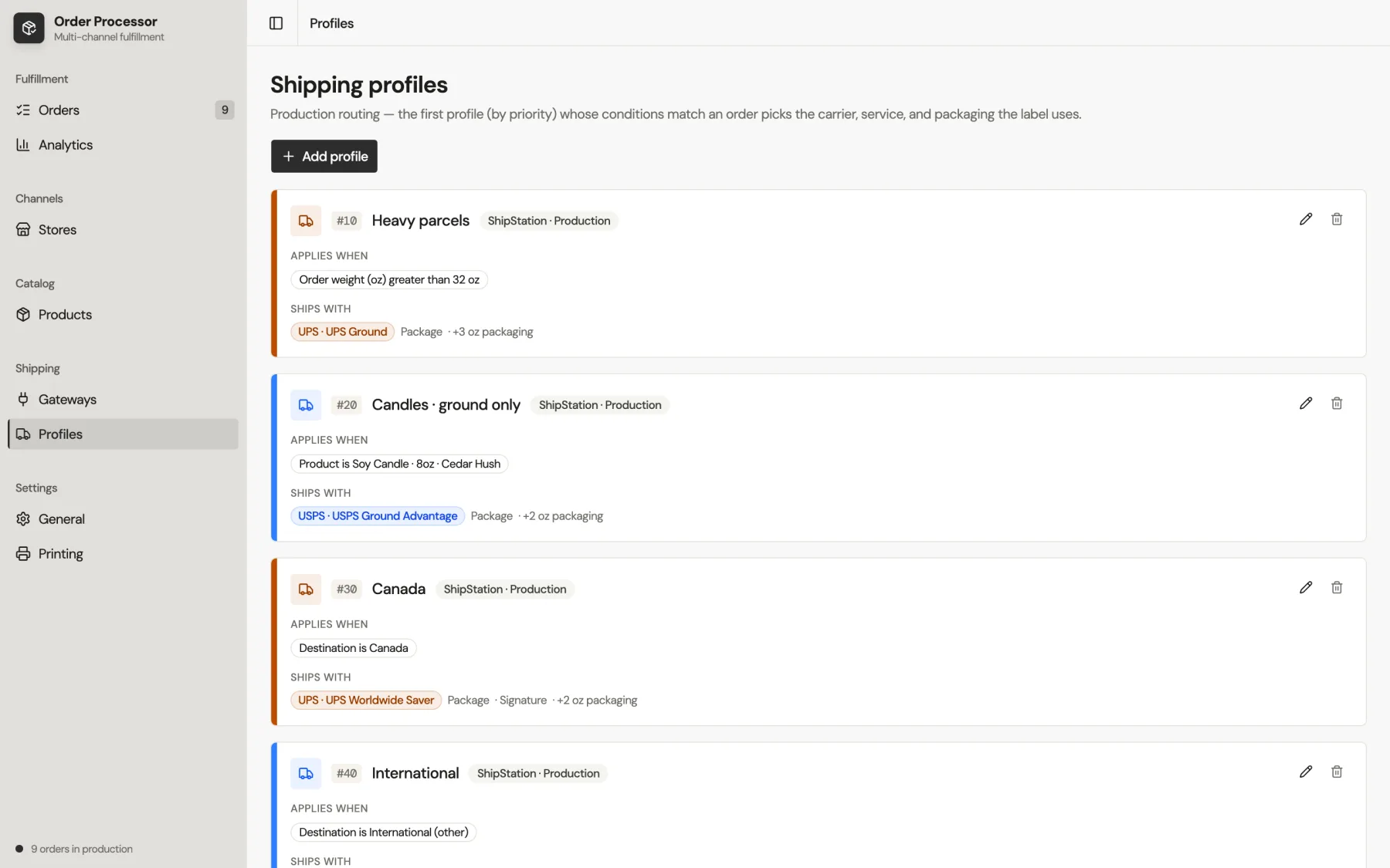 Shipping profile rules