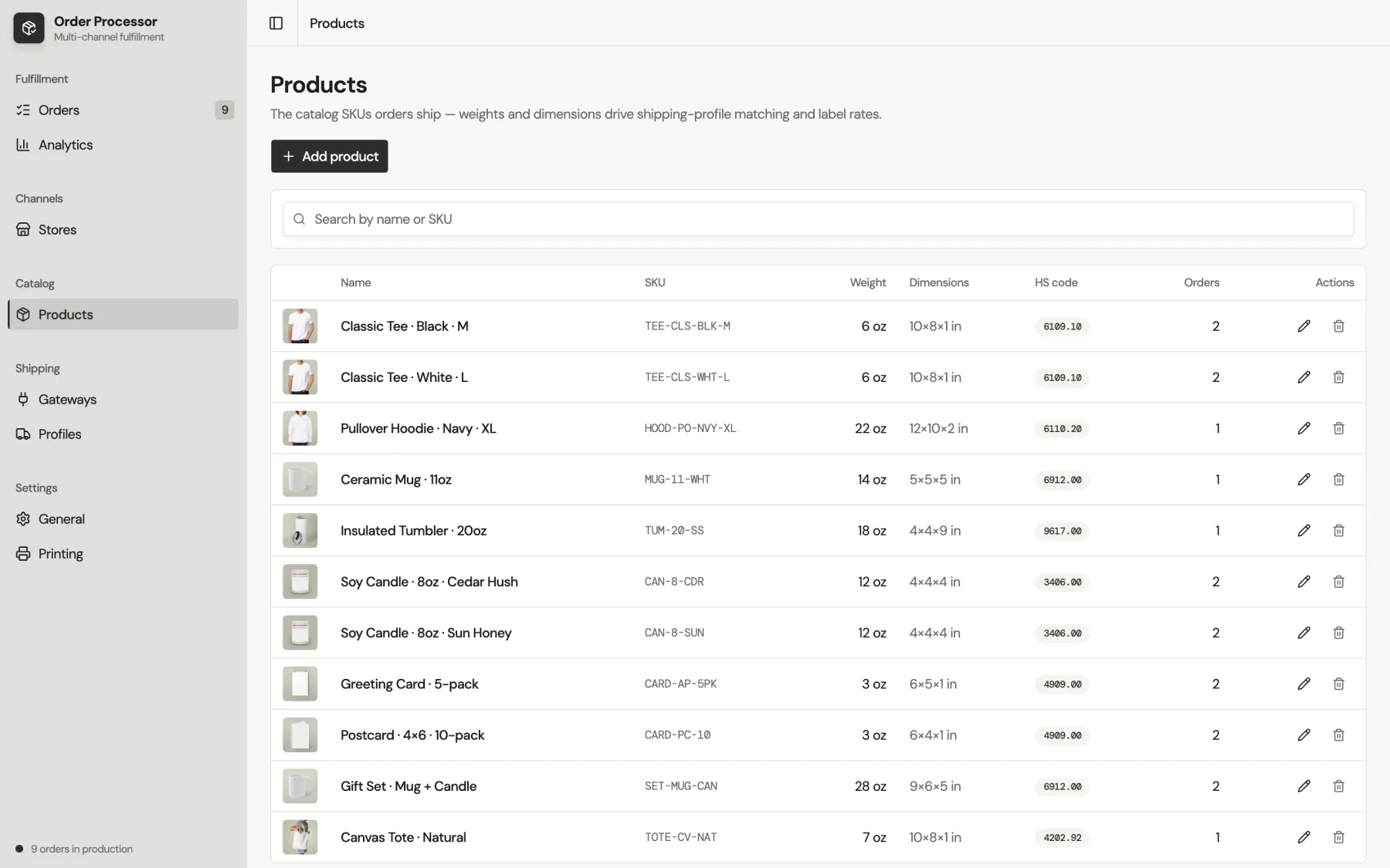 Product catalog with shipping attributes